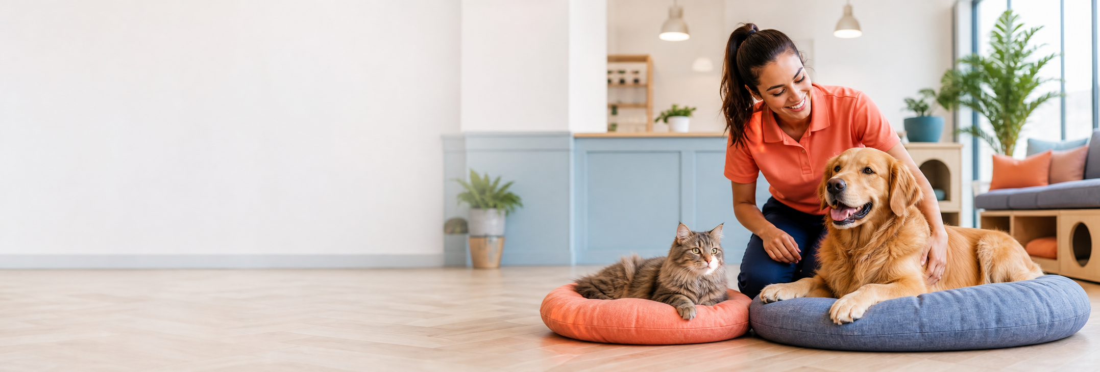 Cuidadora com cão e gato em ambiente de hotel e creche pet